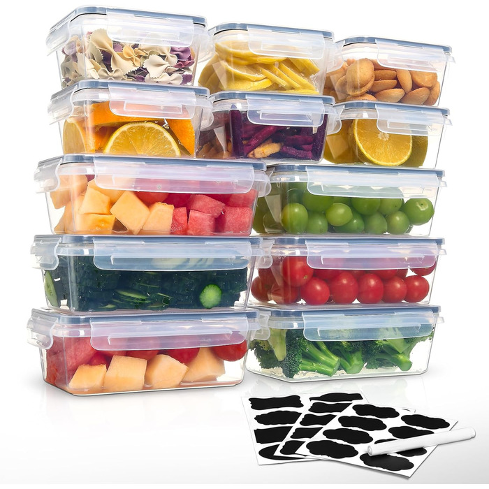 12 контейнерів для зберігання їжі з кришкою, контейнери для заморожування, meal prep бокси, 6 x 1л/0.52л, BPA-free, герметичні, для мікрохвильової печі, придатні для миття в посудомийній машині, для зберігання та транспортування їжі, фруктів, овочів
