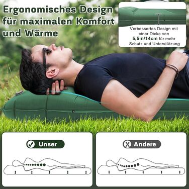 MILFECH Килимок для кемпінгу самонадувний, 14 см, з інтегрованими подушками та насосом для ніг, ультралегкий, водонепроникний, для відпочинку на природі, туризму, зелений