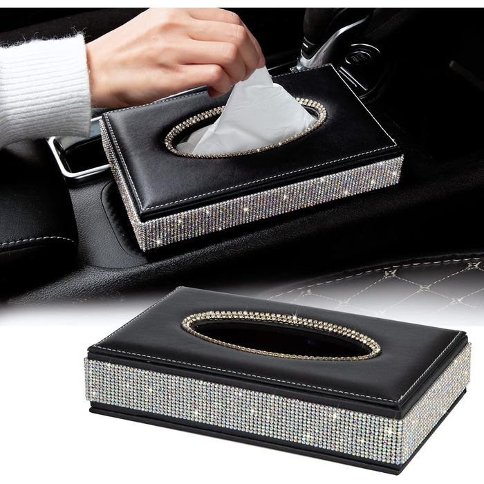 Rectangular tissue box – decorative tissue holder with sparkling crystal rhinestones and made from high-quality leather, perfect for car, office, home – Black