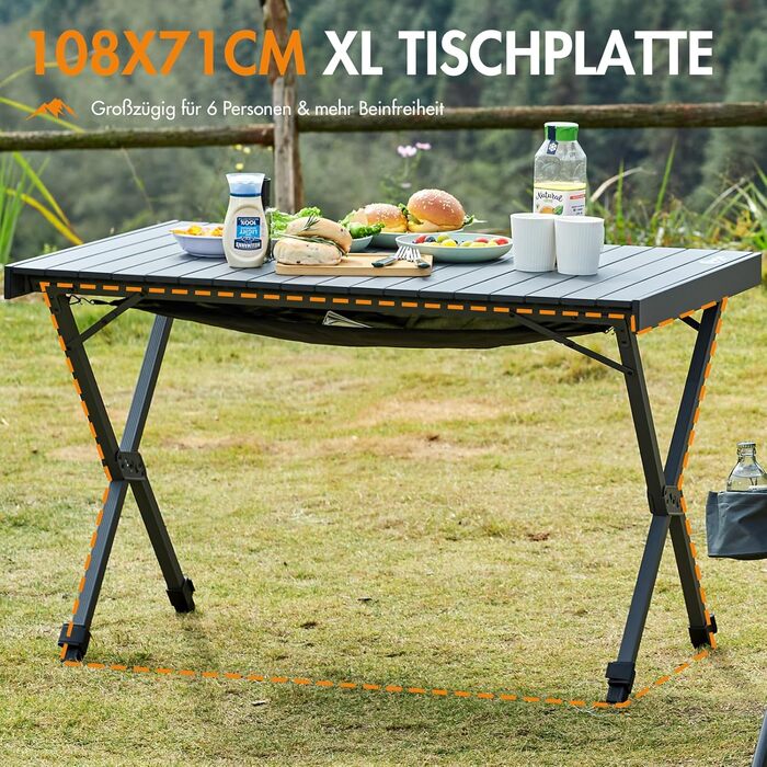 Складний кемпінговий стіл PORTAL алюмінієвий, регульована висота, 108x71 см, чорний - для пікніка, саду, подорожей