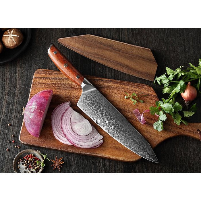 Ніж кухарський XINZUO Damaststahl Kiritsuke 21см, професійний, з ручкою з рожевого дерева, з магнітною підставкою