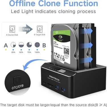 Док-станція для жорстких дисків RSHTECH з двома відсіками, USB 3.0, алюміній, підтримка 2.5/3.5