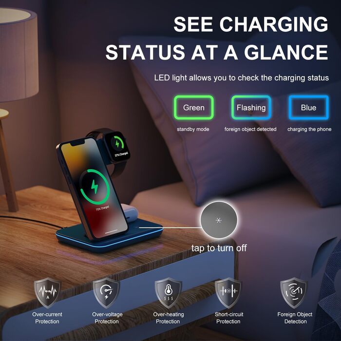 Бездротовий зарядний пристрій Minthouz 3-в-1 з адаптером 18W для Apple (iPhone, iWatch, AirPods), Qi сумісний, синій