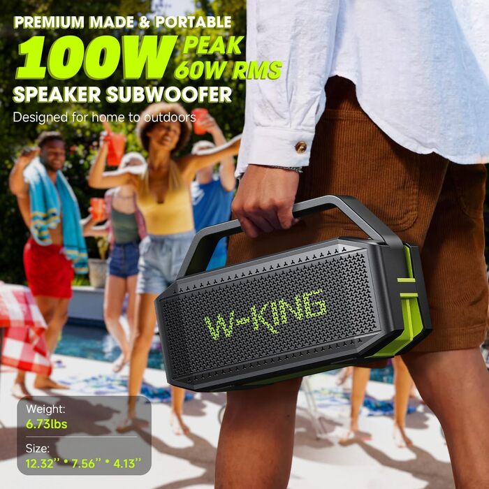 W-KING Bluetooth колонка 100W (60W) IPX6, портативна, глибокий бас, до 40 годин, TF/AUX/EQ, зелена