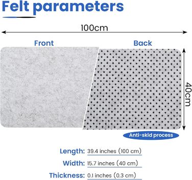 Підкладка для столу з фетру | 100x40 см | Нековзна килимок для миші | Великий фетровий килимок для офісу та дому | Захист столу (світло-сірий)