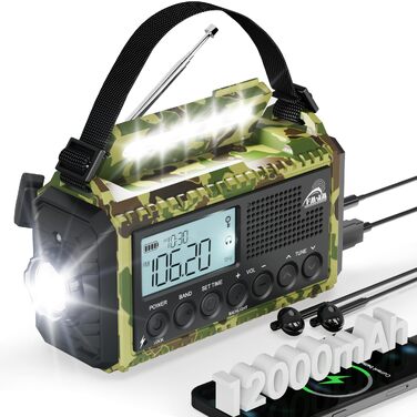 Радіо Kurbelradio 12000mAh: Сонячне, ручне, аварійне радіо з ліхтарем, USB зарядкою, SOS сигналом. Для кемпінгу, надзвичайних ситуацій. Камуфляж (Зелений)