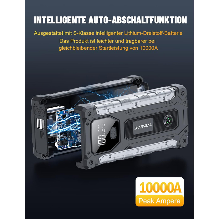 Бустер для автомобіля SHARMEAL 10000A: Потужний пусковий пристрій (Jump Starter) 12V для бензинових та дизельних двигунів до 10.0 л, з LCD-дисплеєм та LED-ліхтарем
