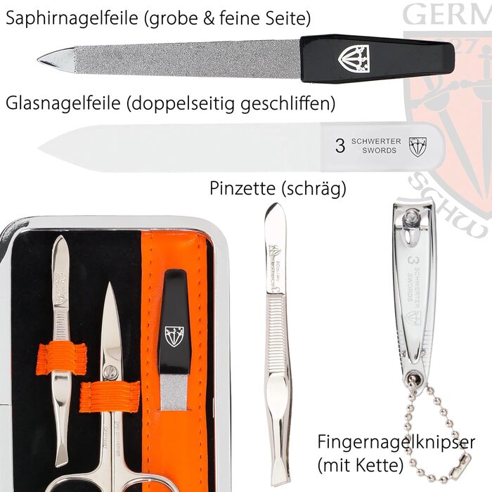 Набір для манікюру DREI SCHWERTER 'Genova' 6 предметів | Німецька якість | Чорне еко-шкіряне етикетування | У комплекті: ножиці для нігтів, ножиці для кутикули, кусачки, стеклянна пилка, пінцет, сапфірова пилка