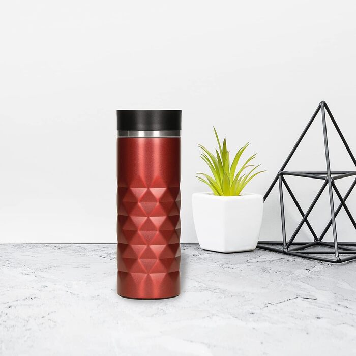 Термокружка Diamond з нержавіючої сталі Elasto Premium 450 мл, з кнопкою, витіканнями, BPA-free, для гарячих та холодних напоїв, матова блискуча (Рубіново-червона)