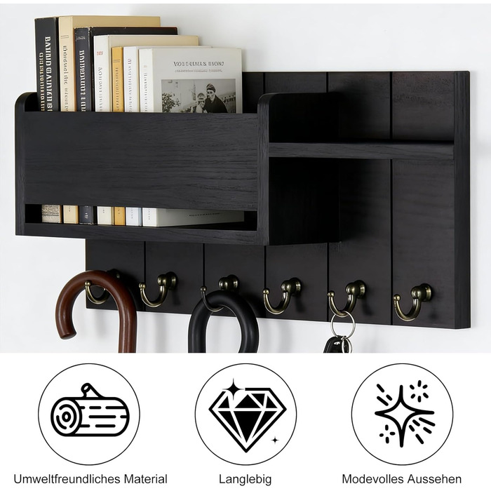 Дерев'яне ключниця з полицею, органайзер для ключів на 6 гачків, декоративна полиця для ключів з 4 шурупами для прихожої, входу, спальні
