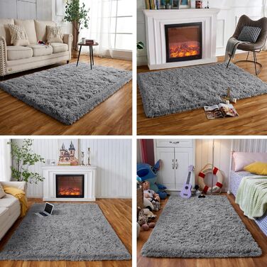 Пухнастий килим Hochflor, для вітальні, м'який, з антиковзаючою основою, можна прати, 120x160 см, сірий