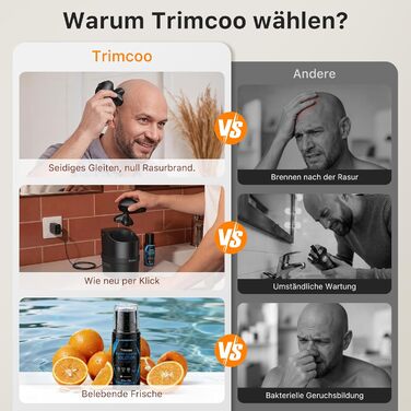 Електричний тример для гоління голови Trimcoo 5-в-1 з титановими лезами, IPX7 водонепроникний, USB-C, LED-дисплей - для чутливої шкіри голови (чорний)