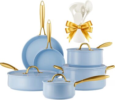 RIOVARM Induction Pots and Pans Set with Lids, Ceramic Non-Stick Coating Cookware Set, Kitchen Essentials Set with Utensil Set, Frying Pan, Saucepan, Saute Pan, Saucepan, Spatula Blue