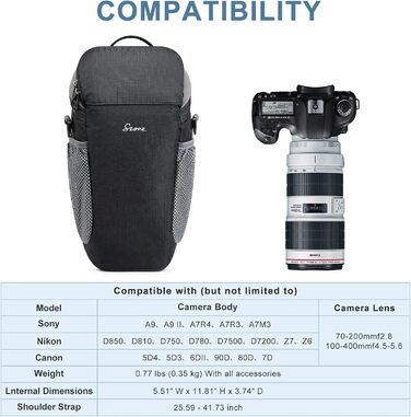 Водонепроникна сумка для камери S-ZONE для фотографів, сумісна з Nikon, Canon, Sony (чорна)