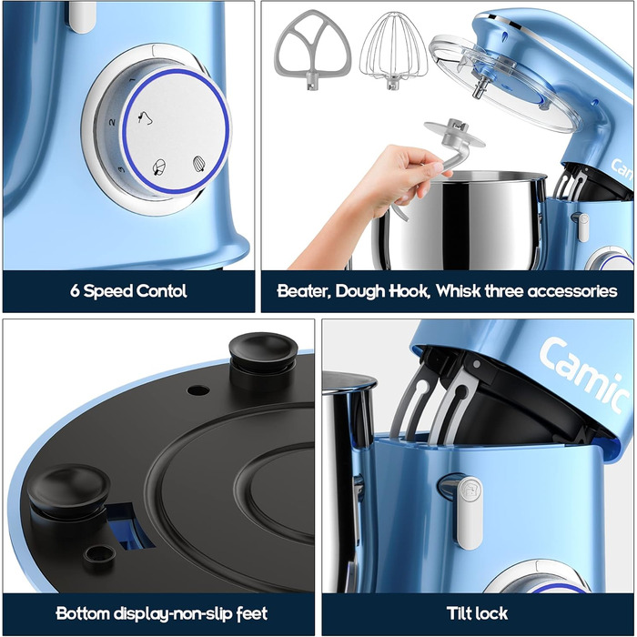 Stand Mixer Dough Mixer Camic 1500W 8L Stand Mixer Mixing Appliance Multifunction Mixer Quiet, Powerful, and Professional, 6 Speeds with Pulse, Stainless Steel Bowl (Black)