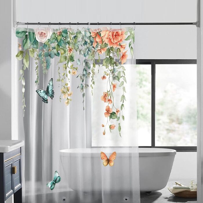 Прозорий душовий гардина Blumen 180x200 см, антигрибковий, водонепроникний EVA, з 12 гачками для ванної кімнати