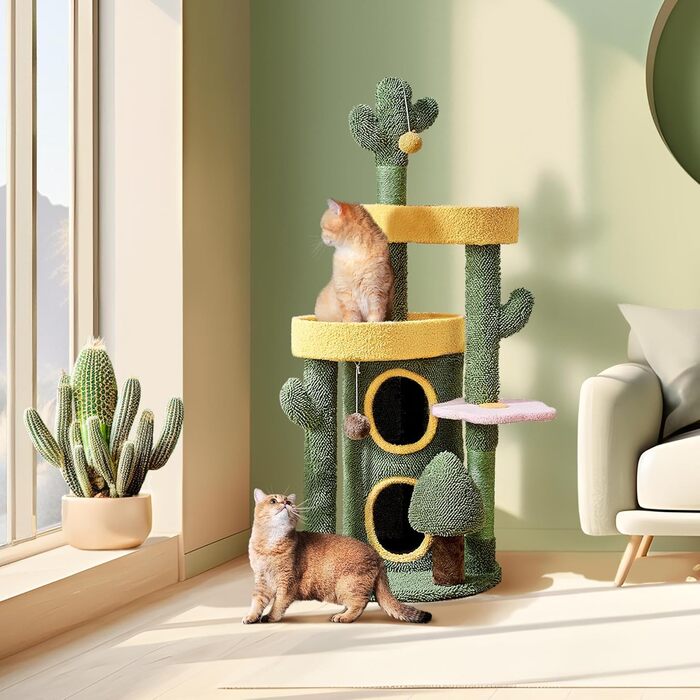 Дерево-кіготь для котів Yaheetech Kaktus, 123 см, оазис-тема, зелено-жовтий, для 2-3 котів, з 2 платформами та 2 печерами