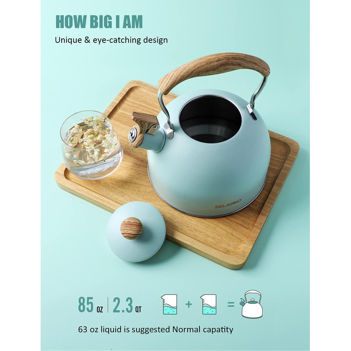 Чайник BELANKO з свистком, 2.5 л, нержавіюча сталь, з дерев'ястим декором, складна ручка, для чаю, кави, молока – блакитний