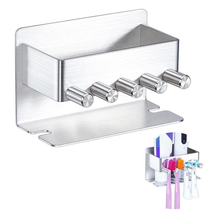 Тримач для зубних щіток GGQ настінний, для електричної зубної щітки, без свердління, самоклеючий, з підставкою для зубної пасти (срібний)