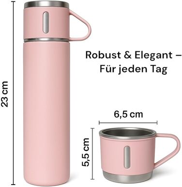 Термофляга 500 мл з нержавіючої сталі – 2 чашки з ручкою – без витоку, BPA-free – з щіткою для чищення – рожева