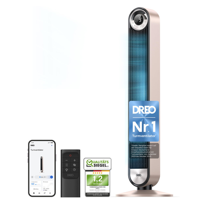 Дрео - розумний вентилятор-турбовежа 106 см з охолодженням, WiFi, Alexa, 9 швидкостей, 4 режими, таймер 12 год, керування голосом, проекція зірок
