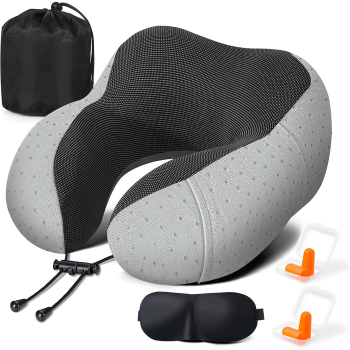 Подушка для шиї у літак - подушка для подорожей з регулюванням Memory Foam - подушка-вишенка з м'яким, дихаючим чохлом - ідеально для кемпінгу, офісу, авто, літака, подушка для сну (Сірий)