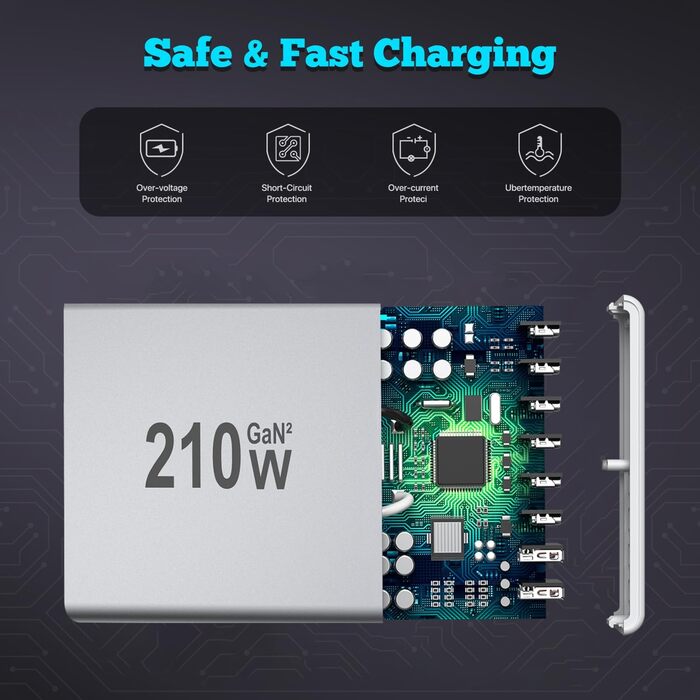 Зарядний пристрій USB-C 210W, багатопортовий (6x USB-C + 2x USB-A) PD 3.0 для iPhone, MacBook, Samsung Galaxy, планшетів - сріблястий