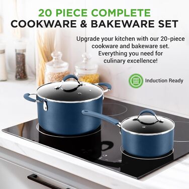NutriChef 20-Piece Non-Stick Cookware Set, Pots & Pans Set & Baking Pans | PFOA/PFOS-Free | Cookware Set - Induction Pots & Pans, Round Cake Pan, Loaf Pan, Roasting Pan, Muffin Tin, Baking Sheet Marine Blue