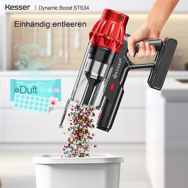 Бездротовий акумуляторний пилосос KESSER® з LED дисплеєм, 70 хв роботи, без мішка, для твердих поверхонь, килимів, шерсті тварин, чорний/червоний