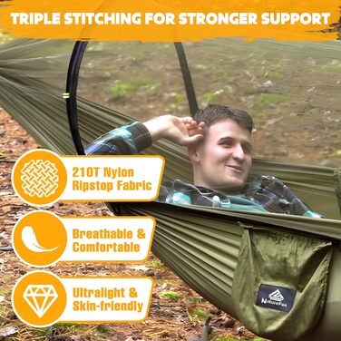 Гамак для кемпінгу NATUREFUN з москітною сіткою | Легкий, міцний (300 кг), дихаючий, швидковисихаючий, армійний зелений | 2 карабіни, 2 стропи в комплекті