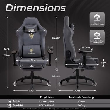 Ігровий крісло Dowinx з мікрофібри: дихаючий, ергономічний, з підніжкою (світло-сірий)