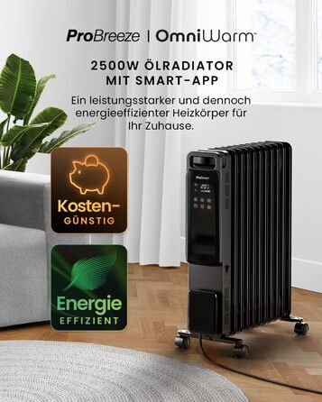 Електричний масляний радіатор Pro Breeze 2500W з 11 ламелями. Розумна система опалення, 3 режими, термостат, Wi-Fi, таймер 24 години, сенсорне керування, захист від перегріву. Білий.