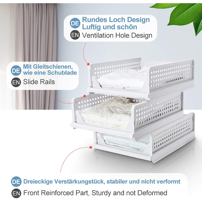Yorbay Drawer Box, 3-Piece Set, Stackable Closet Organizer, Shelf Storage Box, Divider Stackable Drawers for Clothes Kitchen Bedroom, White