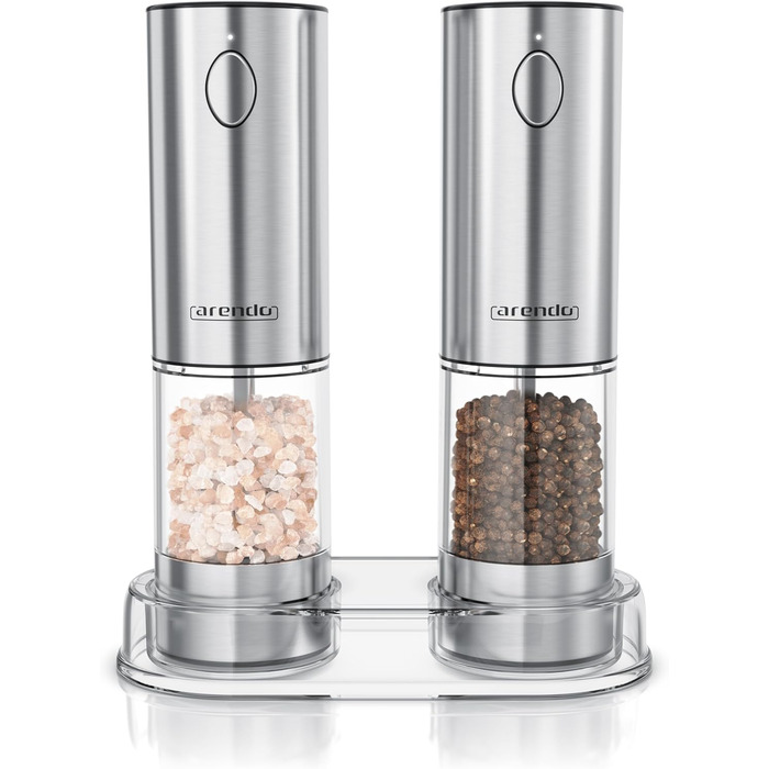 Електричні млини для спецій Arendo – набір з солі та перцю, нержавіюча сталь, керамічний механізм, LED-підсвічування, акумулятор, щітка та воронка