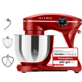 Кухонний комбайн-міксер KLAMER 1800W, планетарний міксер для тіста з чашею з нержавіючої сталі 6л, червоний