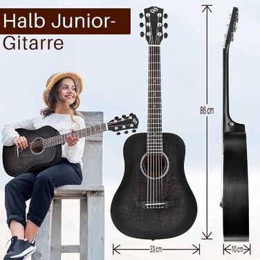 Акустична гітара Pyle для дітей та початківців, ½ розміру, з аксесуарами, чорна матова, 86 см