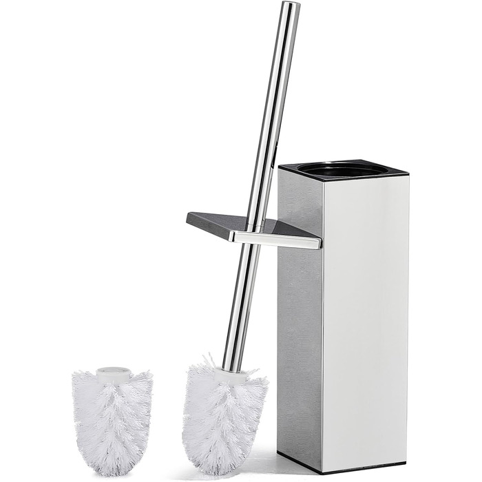 Набір для туалету ALFKET: щітка та тримач, нержавіюча сталь, з захистом від бризок, квадратна форма, з додатковою насадкою, 8x8x42.5 см, срібний