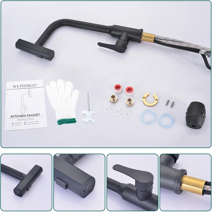 Кухонний змішувач водопровідний висувний з душем, 3 режими, 360° поворот, чорний, нержавіюча сталь