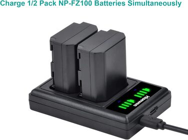 Акумулятор Hisewen NP-FZ100 та подвійний зарядний пристрій для Sony ZV-E10 II, Alpha A7III, A7RIII, A7RIV, A7RV, A7SIII, A7C, A7C II, A7CR, A6600, A9, A9II, FX3