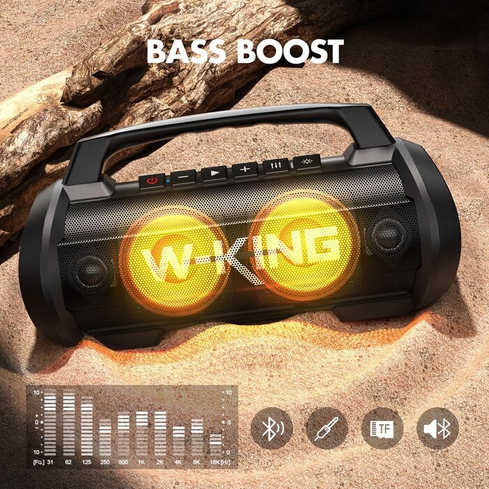 W-KING Bluetooth Колонка 120W з підсиленням басів 70W, чорна. Портативна колонка для вечірок, кемпінгу, пляжу, саду. BT 5.4, IPX6, до 42 годин, RGB підсвітка, стерео-з'єднання, DSP/EQ.