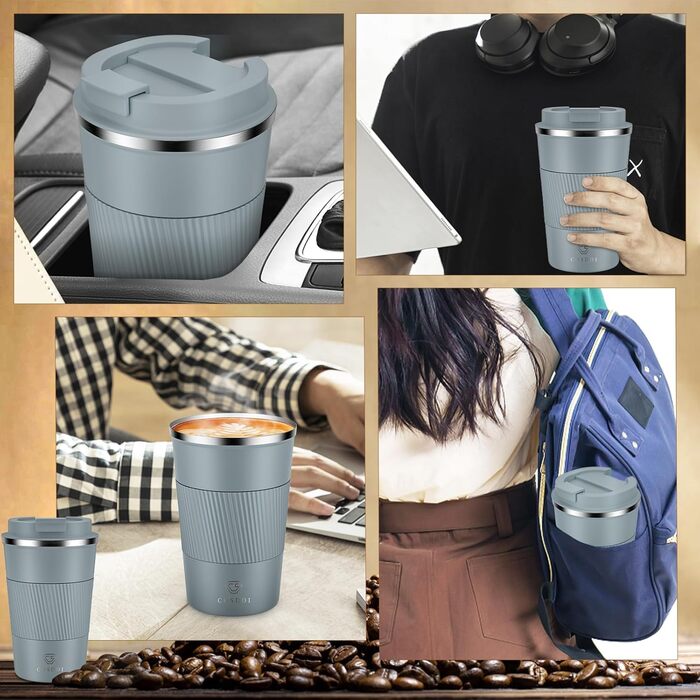 Термокружка CS COSDDI з нержавіючої сталі, 380 мл, для кави, води та чаю, з кришкою, для подорожей та авто, сірий колір