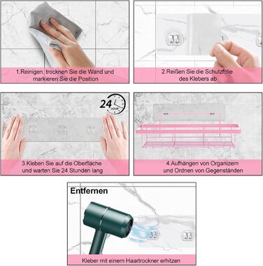 WwuHua Shower Shelf No Drilling, 2 Pack Shower Shelf, Shower Shelf for Hanging with 4 Hooks, Shampoo Holder for Shower, Bathroom Organizer for Shampoo and Shower Gel, Pink