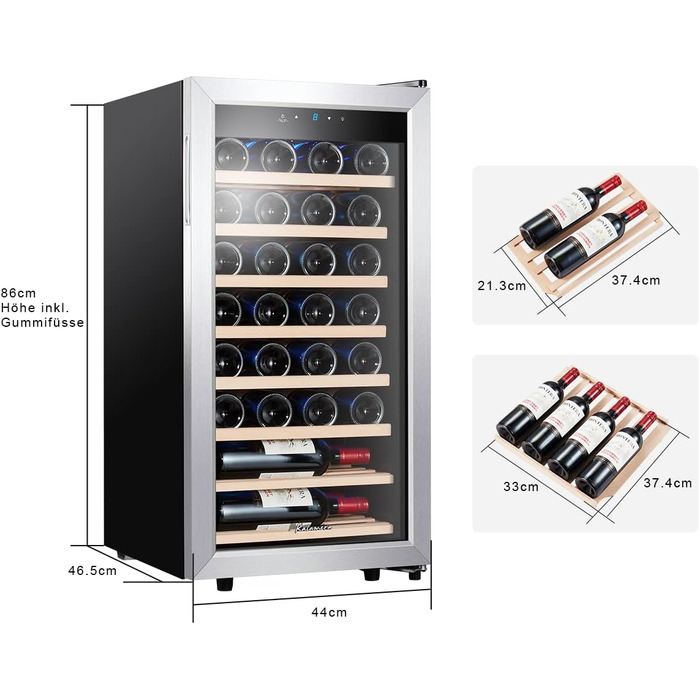 Kalamera 28-Bottle Wine Refrigerator - 86 Liter Capacity, Stainless Steel & Glass Door, 5-18°C Cooling Zone, Removable Wooden Shelves