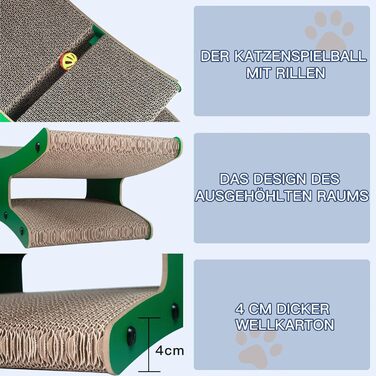 Котячий когтетоп з будиночком - XL когтетоп з подвійною стороною з гофрокартону 56x26x20cm - Стабільне ліжко-лежанка з м'ячем (натуральне дерево)