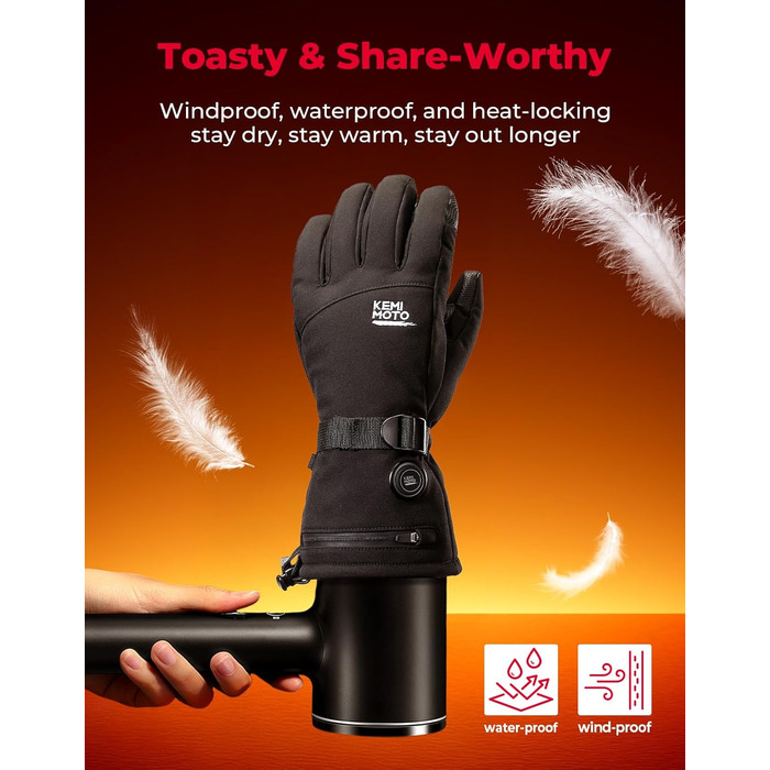 Обогревні рукавички KEMIMOTO з акумулятором 2500mAh, електричні зимові рукавички для чоловіків та жінок, рукавички з підігрівом та сенсорним екраном для катання на лижах, риболовлі, походів (Чорний, M)