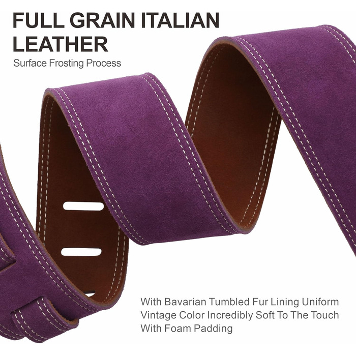 Гітарний ремінь Nefelibata з повного нубуку, 76 см, з підкладкою з піни та петлею для зберігання кабелю, для акустичної, бас та електрогітари (Лавандовий фіолетовий)