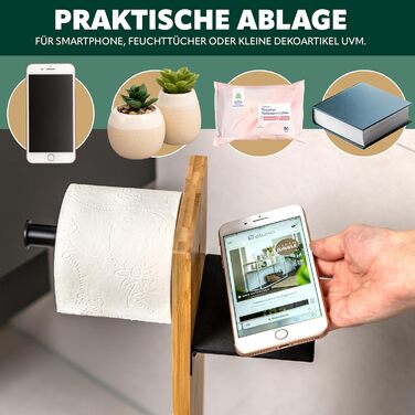 Набір для туалету Eluno Stand-WC 4в1: щітка, тримач туалетного паперу, полиця, бамбук/метал (чорний)