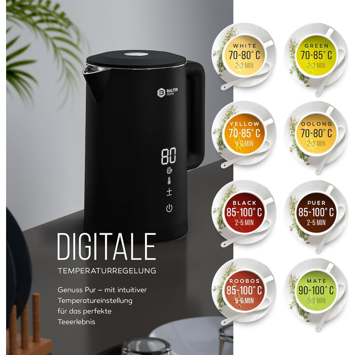 Balter Stainless Steel Kettle with Temperature Setting, 40°C-100°C, Double-Walled, BPA-Free, 1.7L, Black, WK-5-Touch (5 Temperature Levels, LCD)