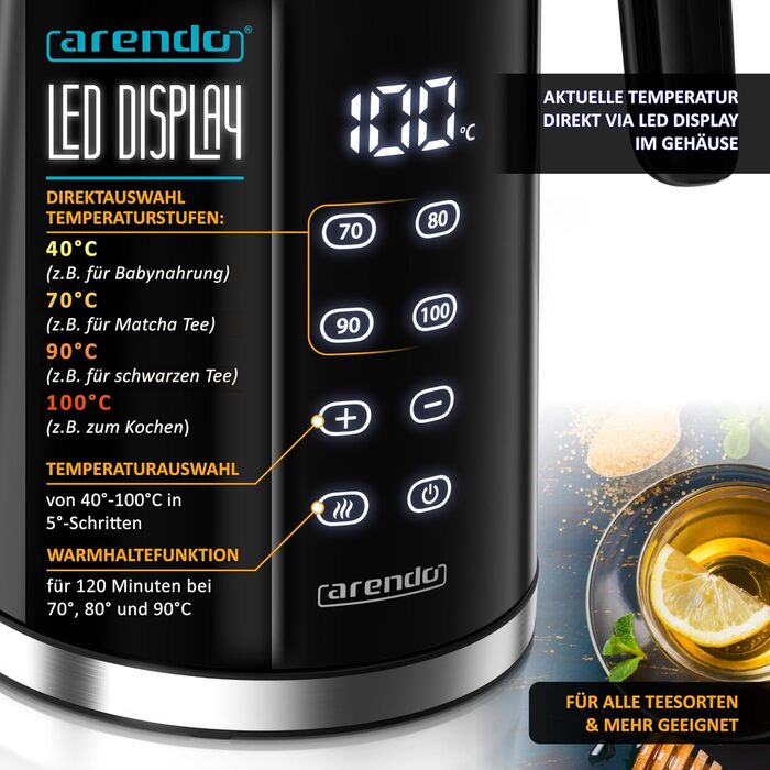 Електричний чайник Arendo з регулюванням температури, нержавіюча сталь, подвійні стінки Cool Touch, дисплей, бездротовий, 2200 Вт, 1,7 л, захист від перегріву, функція підтримання тепла, чорний