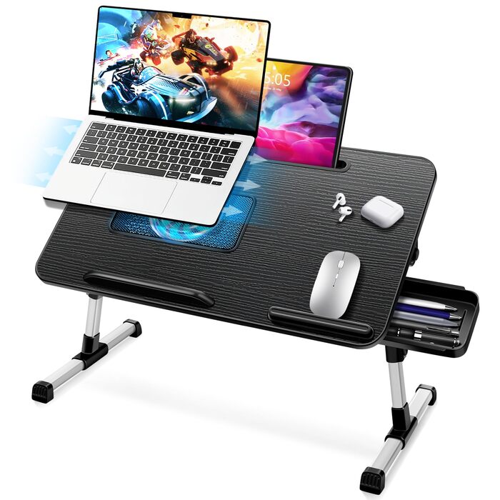 Столик для ноутбука ICARE: регульована висота та кут нахилу, з підставкою для охолодження, ящик, для ліжка, дивану, чорний (53 x 30 см)